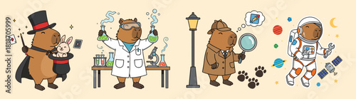 Charming animal characters as magician scientist detective and astronaut