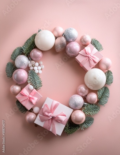  Christmas wreath made of pale pink and white glass balls and gift boxes on pale pink background with central copy space