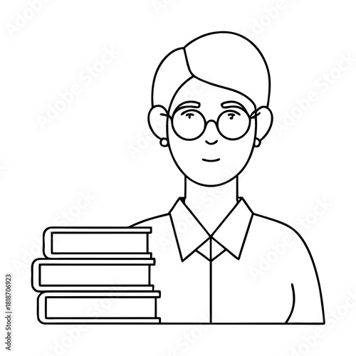 An intellectual lady in glasses embodies academic knowledge with serene concentration next to a stack of textbooks on a snow-white background in the style of a laconic contour illustration.