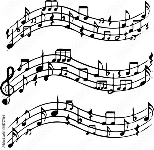 An elegant illustration of flowing musical staves with notes and a treble clef, representing a classical melody or symphony