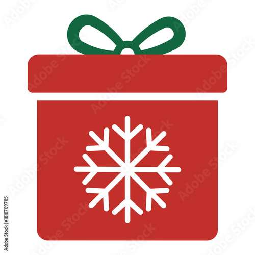 Stylized red Christmas gift box icon with a green ribbon bow and a white snowflake on the front. Simple, flat vector illustration representing holiday presents, giving, winter, and celebration.