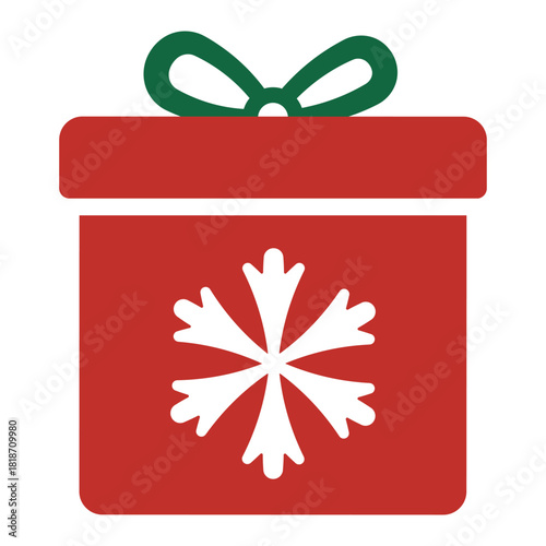 Stylized red Christmas gift box icon with a green ribbon bow and a white snowflake on the front. Simple, flat vector illustration representing holiday presents, giving, winter, and celebration.