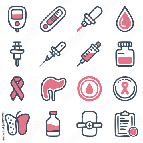ealthcare Icon Set With Diabetes, Vaccination, Cancer Awareness, Syringes, Pills, and Medical Equipment Symbols Illustrations
