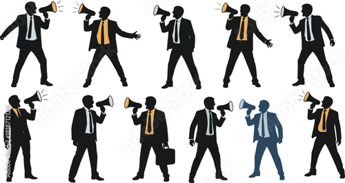 Business communication concept: silhouettes of men with megaphone for marketing and advertising campaign