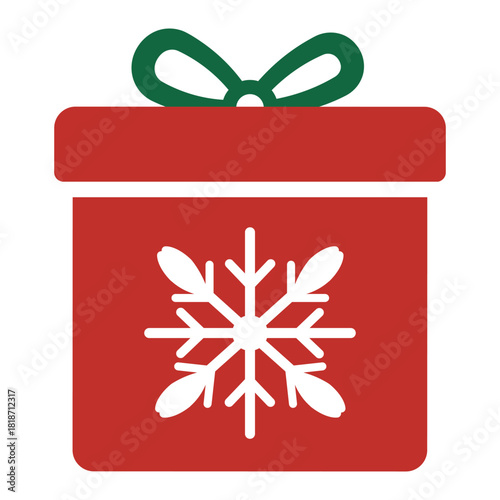 Stylized red Christmas gift box icon with a green ribbon bow and a white snowflake on the front. Simple, flat vector illustration representing holiday presents, giving, winter, and celebration.