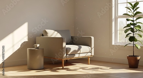 Sun-drenched interior featuring modern armchair and ficus plant by window