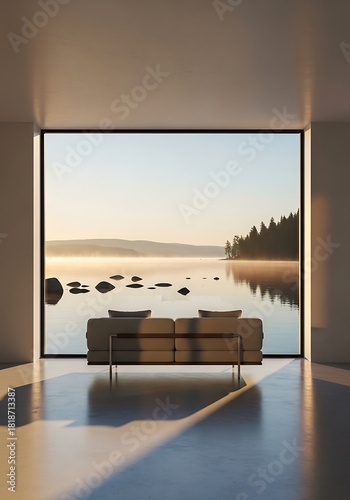Tranquil lakeside view from minimal interior space with warm light