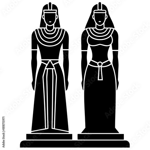 Ancient egyptian statues of women in traditional attire black glyph