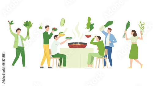 Diverse group of people preparing and enjoying a healthy meal together with fresh vegetables
