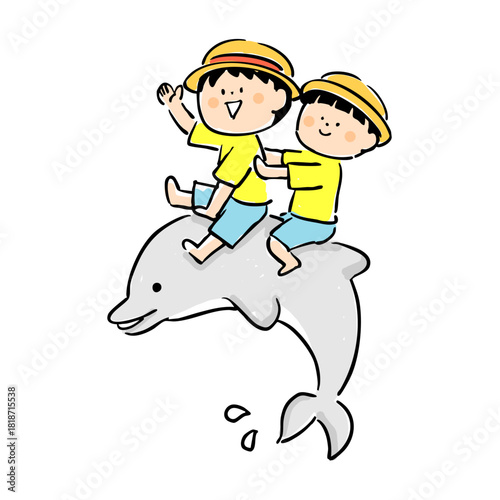 イルカに乗った可愛い兄弟のイラスト