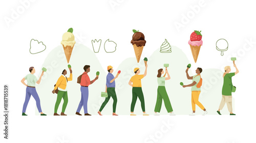 Diverse group of people walking in a line holding ice cream cones and treats on a white background
