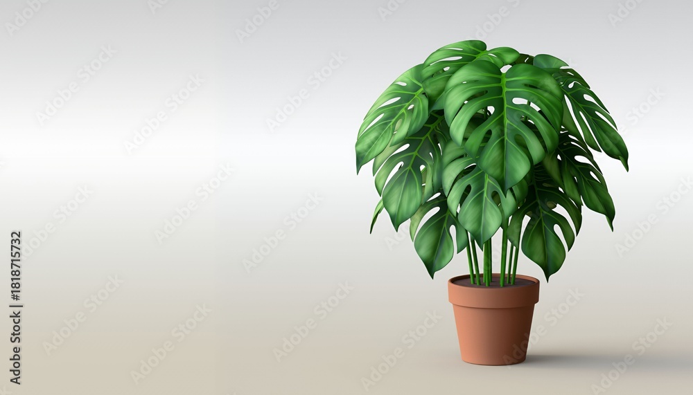 Fototapeta premium Green Monstera Deliciosa Plant with Large Split Leaves in Terracotta Pot on White Background