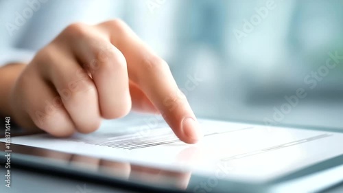 Finger pressing submit button on defocused digital document, faceless submission interface, form visualization detail, blurred screen background, digital concept, submission interf
