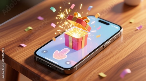 Wallpaper Mural smartphone on wood table with open gift, confetti and arrow, digital celebration concept Torontodigital.ca