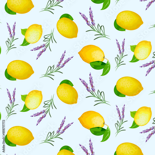 Lavender flowers and yellow lemons in a pattern. pattern with yellow lemons and lavender on a light background.