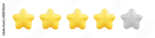 3D mixed rating row with soft yellow stars and a single grey star isolated on white background