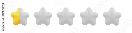 3D star rating row with one half-yellow star and five soft grey stars, smooth rounded shapes isolated on white background for UI elements, review widgets and digital feedback systems