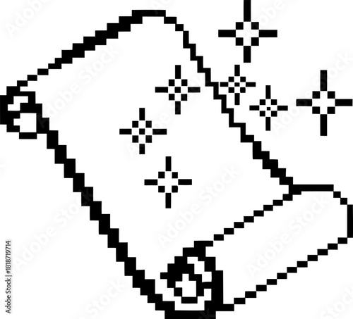 Pixel art magic scroll with glowing sparkles mystic enchanted ancient paper, retro fantasy spellbook symbol
