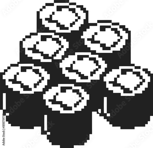 pixel art sushi rolls, minimal black and white japanese food illustration, retro digital cuisine, pixelated snack design