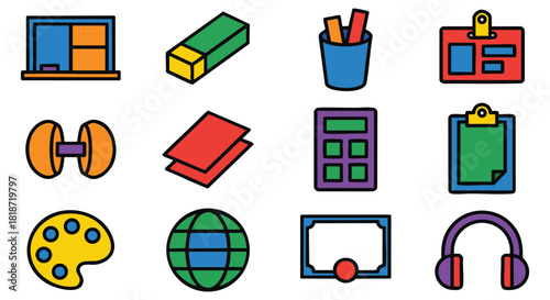 Collection of colorful school and office supplies icons in a hand drawn cartoon style
