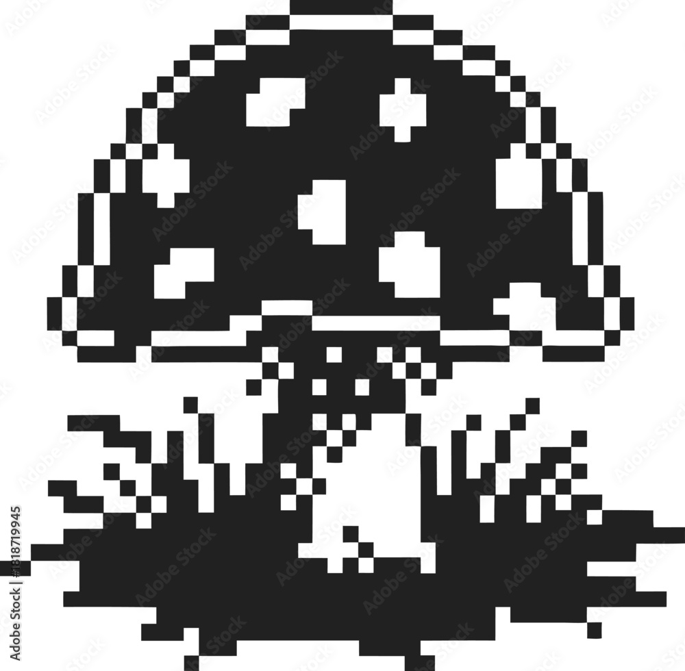 Fototapeta premium Pixel art mushroom illustration, black and white retro digital fungi with grass, vintage 8 bit pixelated fantasy nature