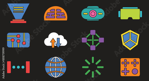 Collection of modern flat design icons representing technology and digital concepts