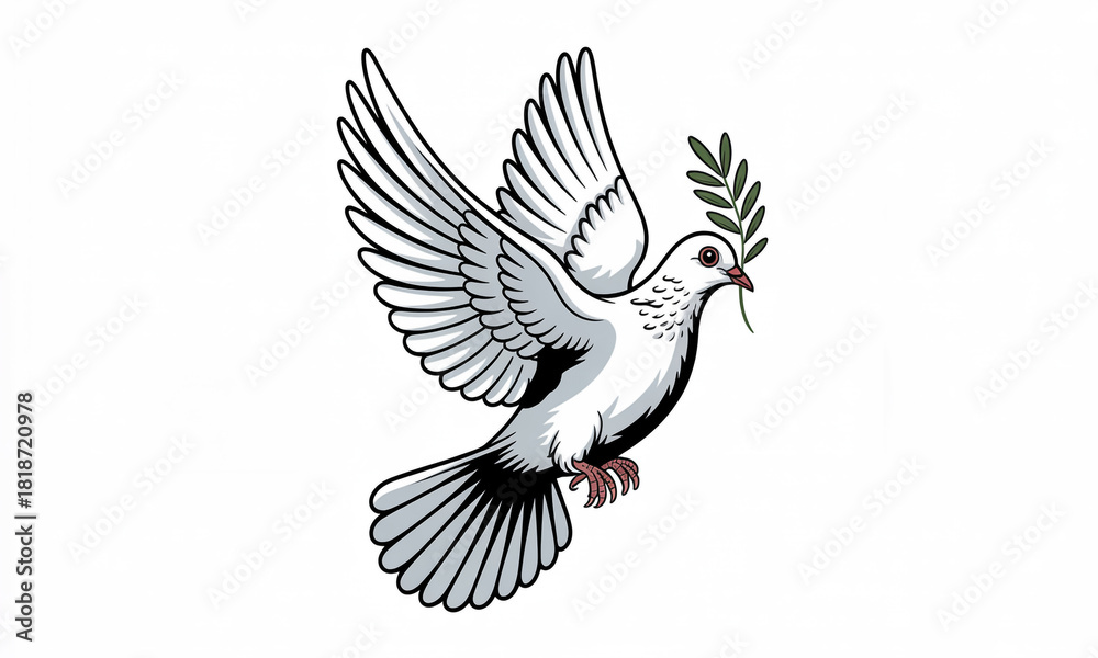 Obraz premium White Dove of Peace with Olive Branch Flying Against White Background Keywords: dove, bird, peace, symbol, olive branch, flying, wings, freedom, hope, serenity, white