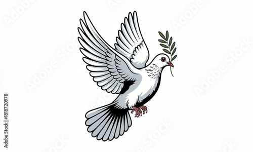 White Dove of Peace with Olive Branch Flying Against White Background Keywords: dove, bird, peace, symbol, olive branch, flying, wings, freedom, hope, serenity, white