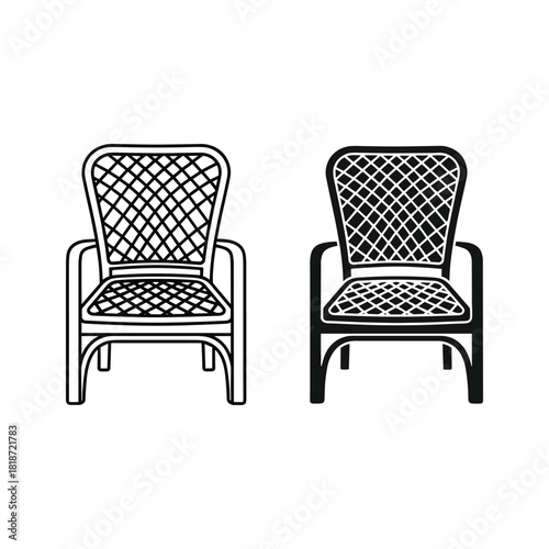 Two wicker armchair icons, outline and solid style, isolated on