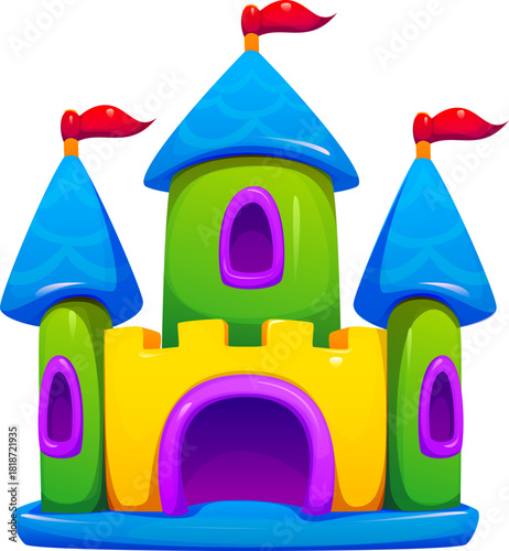 Inflatable castle or bouncy house for kids game play, cartoon vector trampoline park. Bouncy castle or bouncer house, entertainment park attraction and inflatable trampoline for kids playground