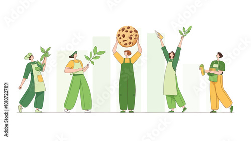 Diverse group of people in green overalls and aprons holding plants and a giant cookie