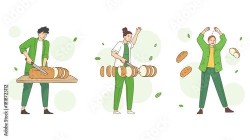 Three people in green outfits slicing and tossing bread in a playful abstract setting with leaves