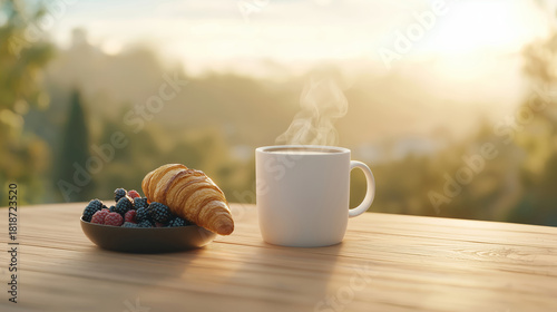 Warm Morning Beverage with Pastry and Fresh Berries on Wooden Table Surrounded by Nature