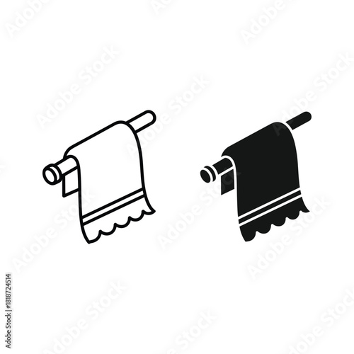 Set of two towel icons on a rack, outline and solid style