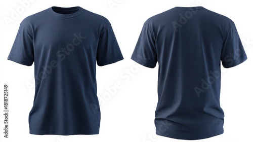 Minimal navy blue shirt mockup featuring front and back views isolated on white background