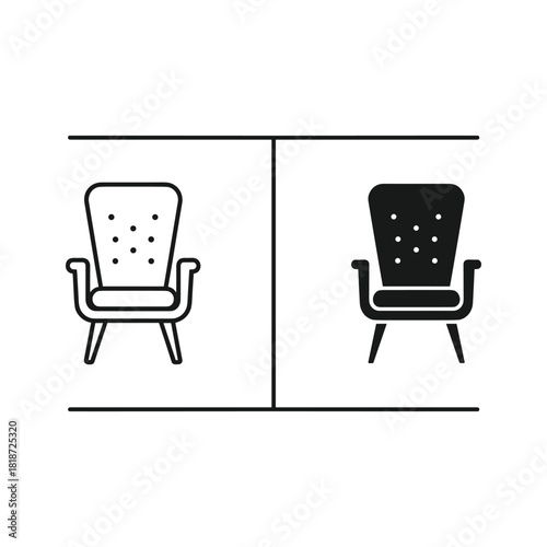 Two armchair icons side by side, outline and solid style