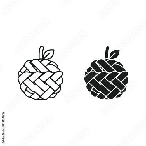 Two woven basket icons shaped like fruit with leaf isolated on
