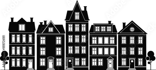 Elegant black and white vector illustration of classic European townhouses, showcasing detailed architectural facades, windows, roofs, chimneys, and urban neighborhood charm.