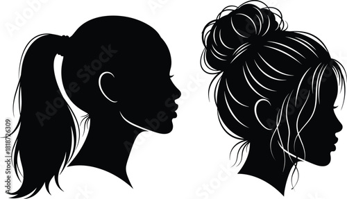 Elegant female silhouette portraits featuring detailed ponytail and messy bun hairstyles, perfect for beauty, fashion, hairstyle, and feminine design concepts.