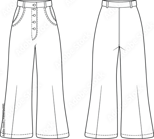 High-waisted wide leg pants technical flat illustration featuring button front closure, structured seams, tailored silhouette, and detailed fashion garment construction elements