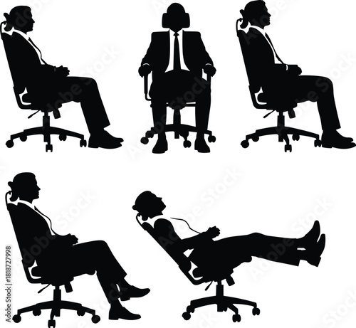 Silhouette illustration of business professionals relaxing and reclining in office chairs, showcasing various seated postures, workplace comfort, and ergonomic chair positions.