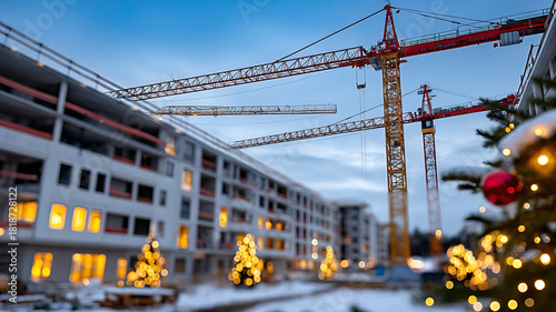 Baubles lights snowy tree distant unfinished building cranes construction site twilight warm festive glow