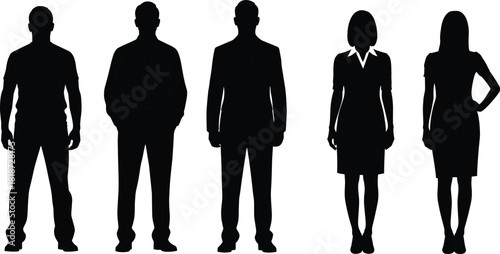 Silhouette illustration of diverse male and female figures standing in various professional and casual poses for business, design, and presentation purposes.