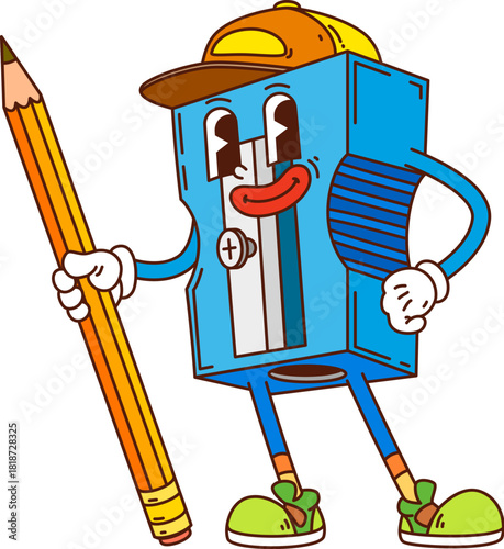 Cartoon school education stationery groovy sharpener vector character. Pencil sharpener mascot blue body detailed with metallic blade and wears green shoes and yellow cap. Funky 70s personage