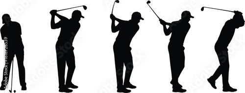 Silhouette sequence of golfer performing multiple swing stages, showing dynamic movement and athletic posture for sports illustration, vector design and artwork use