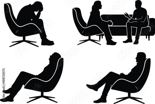 Silhouette illustration showing various counseling, therapy, stress, and relaxation chair poses featuring people sitting, talking, and reflecting in modern seats.