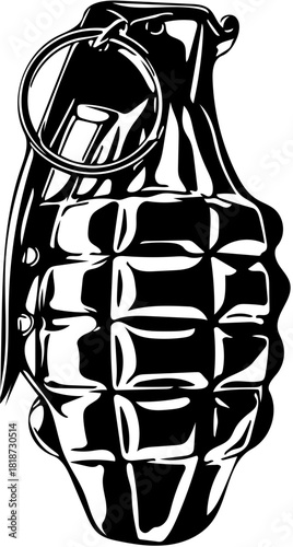 Stylized black and white vector illustration of a classic military hand grenade, a symbol of warfare and explosive danger