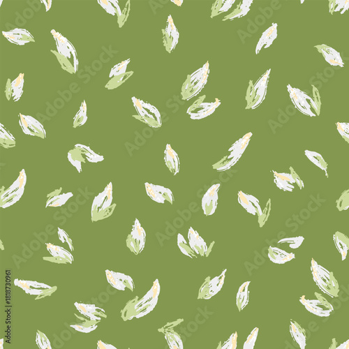 Seamless vector pattern with soft white and light green leaves on an olive-green background. Hand drawn botanical design for natural fabric, packaging, and eco branding