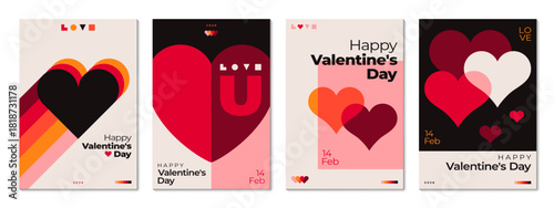 Valentine Day retro posters with vector bold geometric heart shapes and vintage typography. Valentine Day retro posters set with red, pink, orange and black colors, clean layouts and abstract blocks