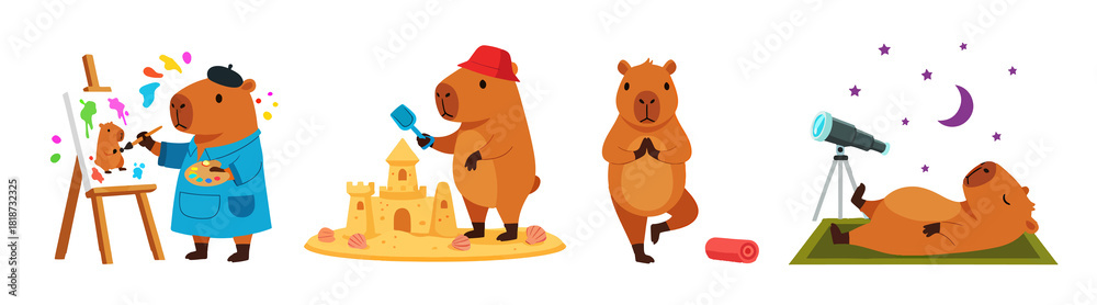 Naklejka premium Pixel Art Capybaras Enjoying Creative Relaxation and Stargazing Adventures